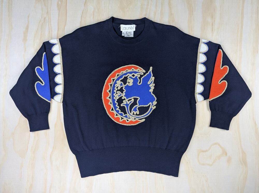 Laurel Women's XL 44 Vtg 80s Escada Sweater Navy Heraldic Griffin Metallic Italy